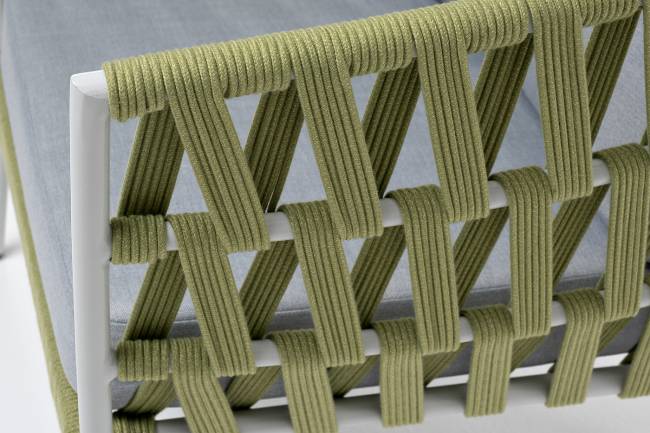 "Диего" кресло плетеное из роупа, каркас алюминий светло-серый (RAL7035) муар, роуп салатовый меланж круглый, ткань светло-серая