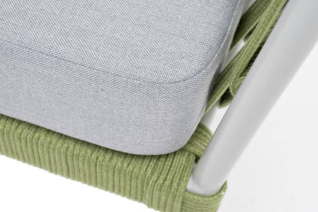 "Диего" кресло плетеное из роупа, каркас алюминий светло-серый (RAL7035) муар, роуп салатовый меланж круглый, ткань светло-серая