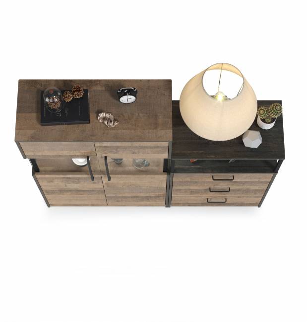 Комод с витриной с двумя дверками и подсветкой и комод с ящиками Трувор цвет дуб гранж песочный/интра Комод с витриной с двумя дверками и подсветкой и комод с ящиками Трувор цвет дуб гранж песочный/интра