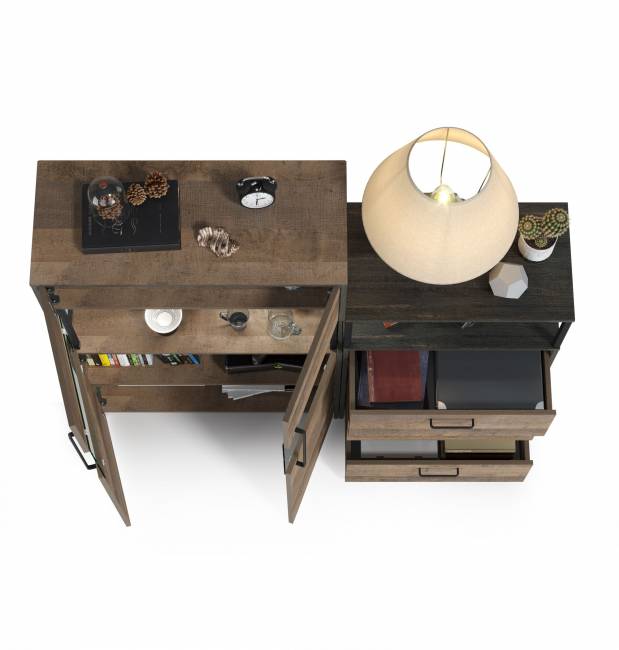 Комод с витриной с двумя дверками и подсветкой и комод с ящиками Трувор цвет дуб гранж песочный/интра Комод с витриной с двумя дверками и подсветкой и комод с ящиками Трувор цвет дуб гранж песочный/интра