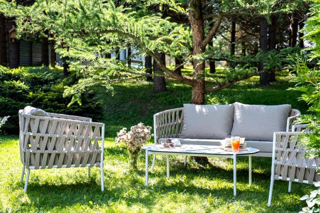 "Диего" лаунж-зона 4-местная плетеная из роупа (веревки), каркас алюминиевый белый, роуп бежевый "Диего" лаунж-зона 4-местная плетеная из роупа (веревки), каркас алюминиевый белый, роуп бежевый