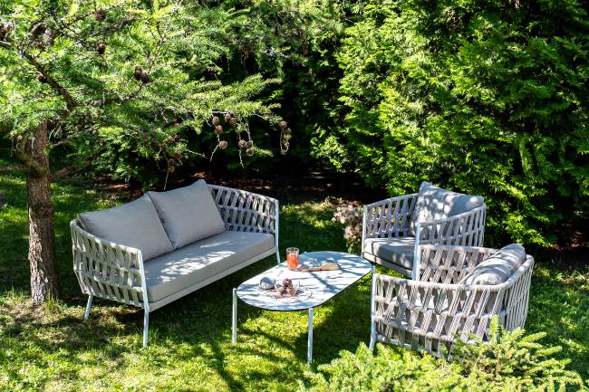 "Диего" лаунж-зона 4-местная плетеная из роупа (веревки), каркас алюминиевый белый, роуп бежевый "Диего" лаунж-зона 4-местная плетеная из роупа (веревки), каркас алюминиевый белый, роуп бежевый