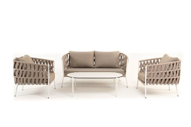 "Диего" лаунж-зона 4-местная плетеная из роупа (веревки), каркас алюминиевый белый, роуп бежевый "Диего" лаунж-зона 4-местная плетеная из роупа (веревки), каркас алюминиевый белый, роуп бежевый