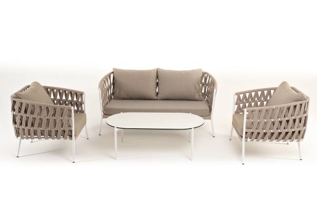 "Диего" лаунж-зона 4-местная плетеная из роупа (веревки), каркас алюминиевый белый, роуп бежевый "Диего" лаунж-зона 4-местная плетеная из роупа (веревки), каркас алюминиевый белый, роуп бежевый