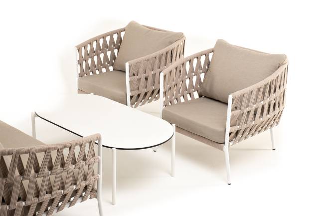 "Диего" лаунж-зона 4-местная плетеная из роупа (веревки), каркас алюминиевый белый, роуп бежевый "Диего" лаунж-зона 4-местная плетеная из роупа (веревки), каркас алюминиевый белый, роуп бежевый