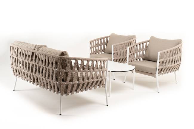 "Диего" лаунж-зона 4-местная плетеная из роупа (веревки), каркас алюминиевый белый, роуп бежевый "Диего" лаунж-зона 4-местная плетеная из роупа (веревки), каркас алюминиевый белый, роуп бежевый