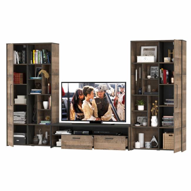 Два шкафа-стеллажа в стиле лофт и тумба для аппаратуры Трувор цвет дуб гранж песочный/интра Два шкафа-стеллажа в стиле лофт и тумба для аппаратуры Трувор цвет дуб гранж песочный/интра