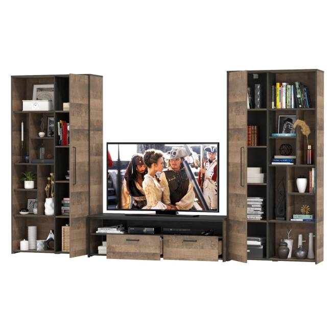 Два шкафа-стеллажа в стиле лофт и тумба для аппаратуры Трувор цвет дуб гранж песочный/интра Два шкафа-стеллажа в стиле лофт и тумба для аппаратуры Трувор цвет дуб гранж песочный/интра