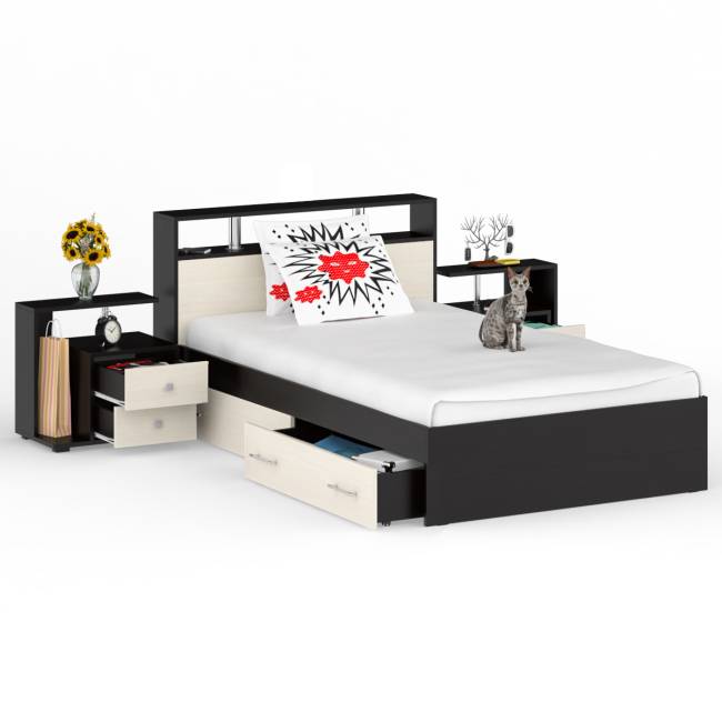 Кровать с ящиками 1200 Камелия + две тумбы цвет венге/дуб лоредо Кровать с ящиками 1200 Камелия + две тумбы цвет венге/дуб лоредо