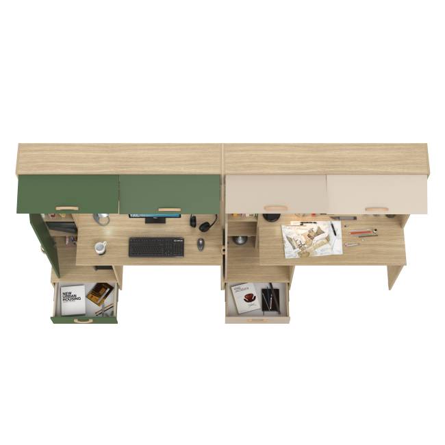 Письменные столы для двоих человек Лайт 03.243Н с открытыми полочками цвет плэйн/дымчатый зелёный/плэйн/сатин