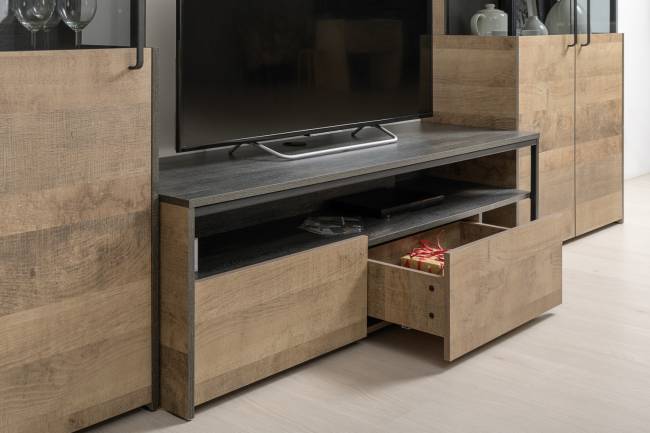 Два открытых стеллажа с полками и ТВ-тумба Трувор цвет дуб гранж песочный/интра Два открытых стеллажа с полками и ТВ-тумба Трувор цвет дуб гранж песочный/интра