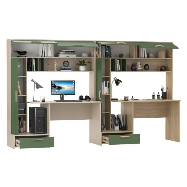 Два письменных стола с пеналом Лайт 03.243Н цвет сатин/дымчатый зелёный/плэйн/дымчатый зелёный Два письменных стола с пеналом Лайт 03.243Н цвет сатин/дымчатый зелёный/плэйн/дымчатый зелёный