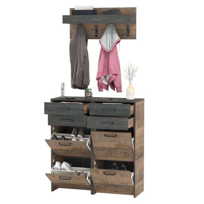 Две тумбы для обуви с ящиками и вешалкой для верхней одежды Трувор цвет дуб гранж песочный/интра Две тумбы для обуви с ящиками и вешалкой для верхней одежды Трувор цвет дуб гранж песочный/интра