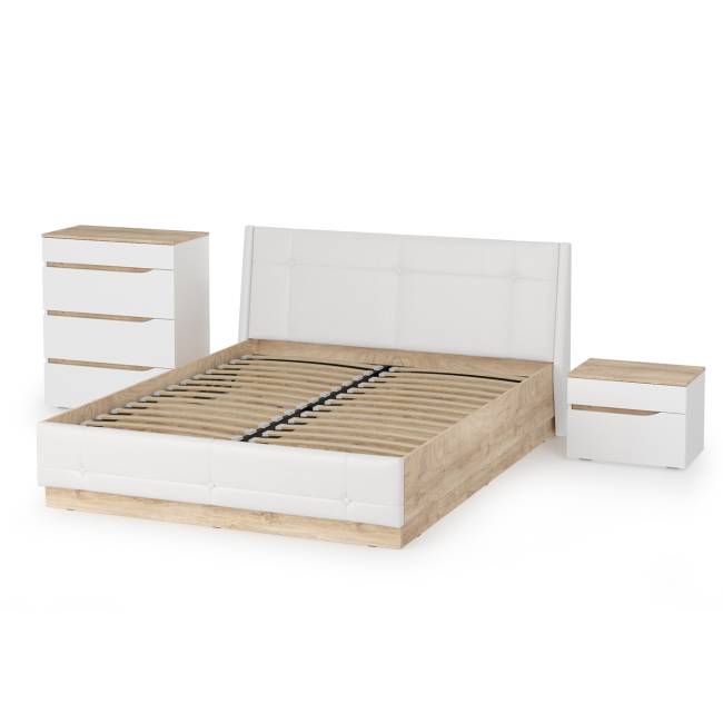 Комплект Кровать Муссон 11.28 + подъёмный ортопед + Тумба 16.03 + Комод 13.97 цвет белый/дуб эндгрейн элегантный/кожзам белый