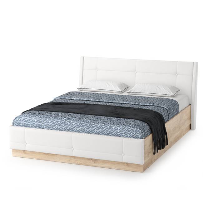 Комплект Кровать Муссон 11.28 + подъёмный ортопед + Тумба 16.03 + Комод 13.97 цвет белый/дуб эндгрейн элегантный/кожзам белый