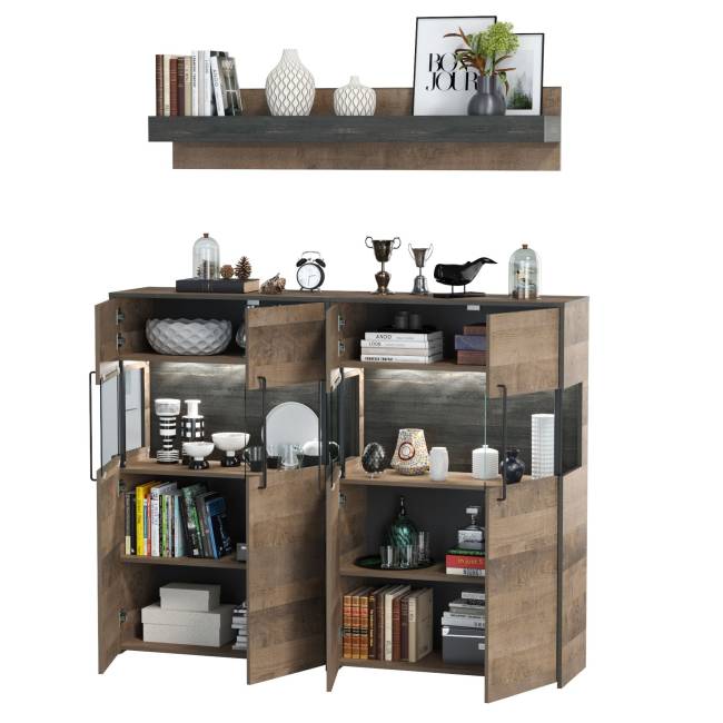 Два комода с витриной с подсветкой и навесная полка Трувор цвет дуб гранж песочный/интра Два комода с витриной с подсветкой и навесная полка Трувор цвет дуб гранж песочный/интра