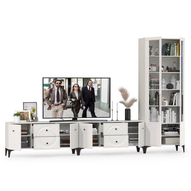 Две тумбы под аппаратуру и сервант Валенсия цвет белый шагрень Две тумбы под аппаратуру и сервант Валенсия цвет белый шагрень